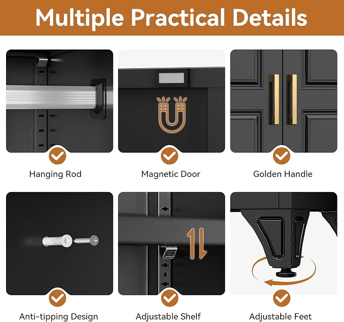 Polup Metal Armoire Wardrobe Closet with Drawer, 71“ Tall Wardrobe with Doors and Shelves, Metal Wardrobes Closet with Hanging Rod, for Bedroom, Garage, Laundry, Black