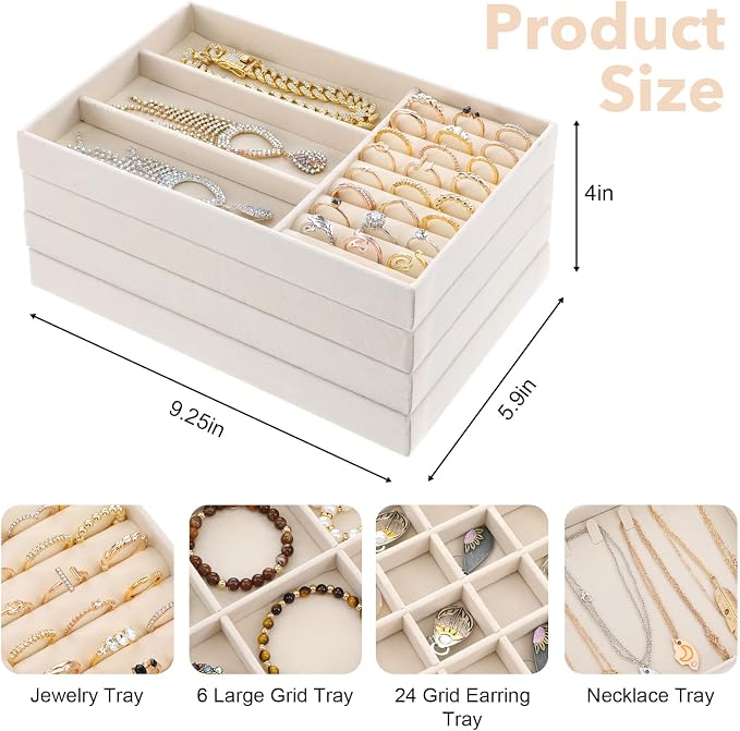 Jewelry Drawer Organizer Tray Set of 4 Stackable Velvet Jewelry Trays Drawer Inserts Organizer Case Set for Women Jewlery Storage Display Tray for Earrings, Rings, Necklaces, Bracelets, Watch (Beige)