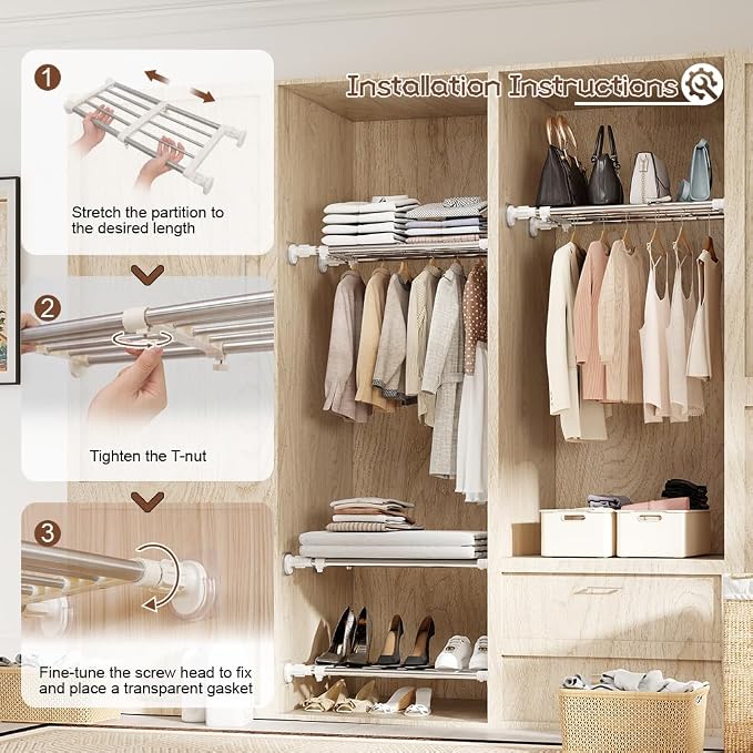 Hershii Metal Tension Shelf Expandable Shelf Rod Tension Closet Shelf | 5-Bar Telescopic Heavy Duty Clothes Hanger Closet Tension Shelves Adjustable DIY Storage Organizer Shoe Rack