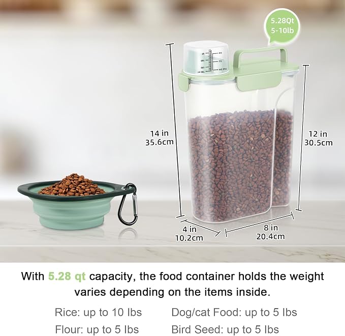 5 Lbs Dog Cat Food Storage Container with Collapsible Dog Bowls for Travel, Portable Pet Food Storage Container, Easy-Pouring Bird Seed Dispenser, Airtight Rice Cereal Oatmeal Flour Holder -Green | Portable Cat Food Containers with Collapsible Bowl 10 ...