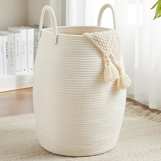 Large Laundry Hamper Basket 65L Woven Blanket Basket, Beige | Tall Clothes Hamper, Rope Wicker Laundry Basket, Storage Basket for Toys, Dirty Cothes in Bedroom, Living Room Organizer