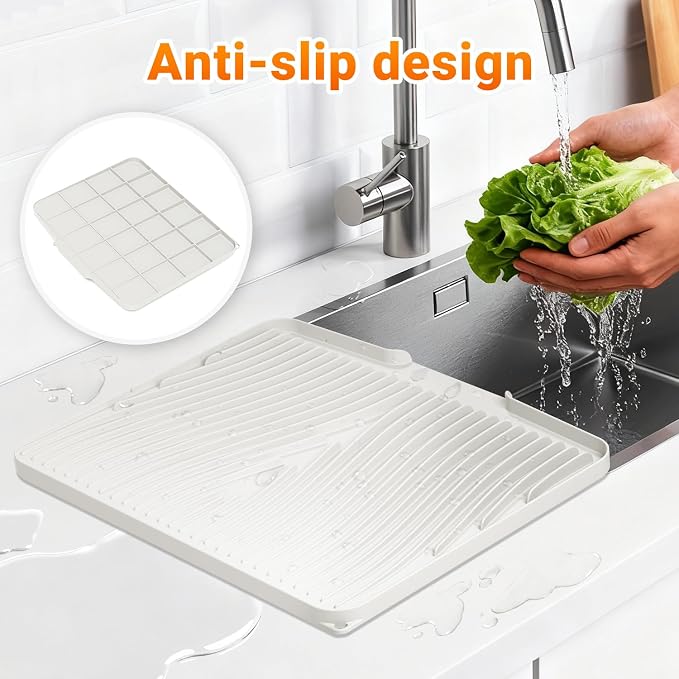 Silicone Dish Drying Mat for Kitchen counter, 19.7"x17" Extra Large Non-Slip Drain Pad with Built-in Drainage, Heat Resistant Dishwasher Safe, Cream