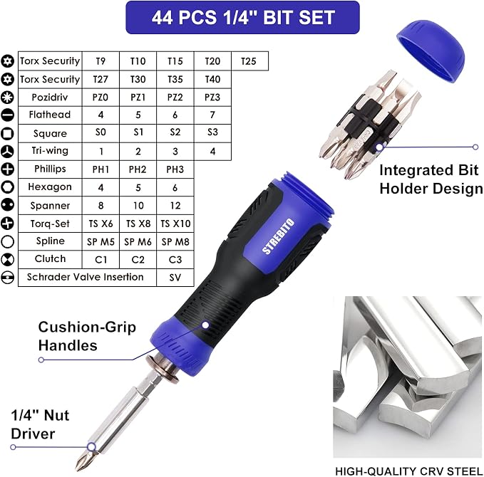 STREBITO 191-Piece Multi-Bit Screwdriver, Precision Screwdriver Set(Blue) | 1/4'' Nut Driver Home Improvement Tool Electronic Repair Kit for Computer, Phone, Laptop, PC, Cell Phone, PS4, Xbox, Nintendo