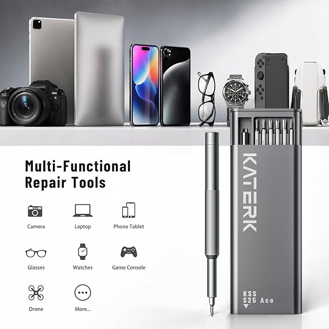 KATERK 25-in-1 Mini Screwdriver Set Precision Small Magnetic Repairs Tool | 24 Magnetic Bits, Resist Wear, Don't Strip Easily, Compact Organized Size, Repair Kit for Glasses, Laptop, iPhone, Watch