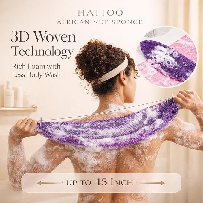 African Net Sponge Authentic Exfoliating Washcloth Body Back Scrubber 3 Pcs | 46 Inch Shower Loofah Exfoliating Bath Sponge for Women and Men Daily Use Body Care Travel Portable Accessories Spa Gifts