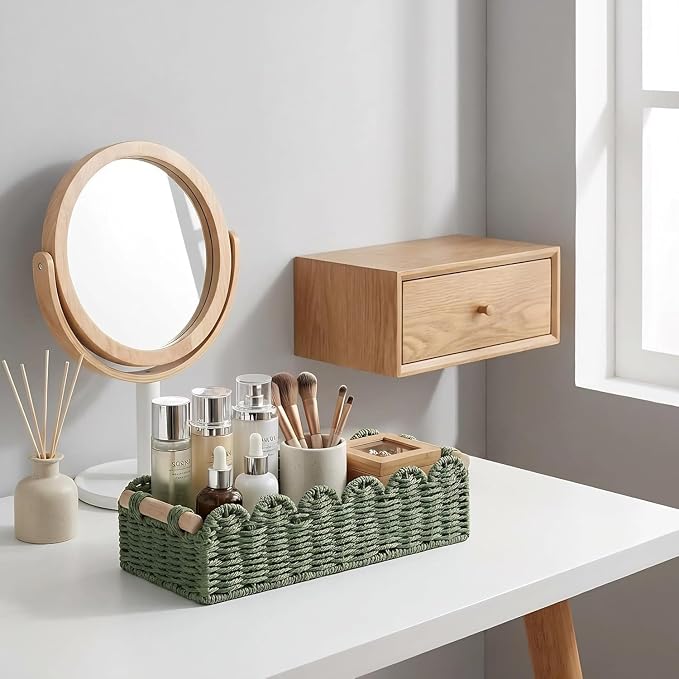CubesLand Bathroom Basket Organizer, Toilet Tank Paper Storage Baskets 2PK | Scalloped Decorative Basket for Countertop w/Handle, Wicker Basket for Bathroom Decor, Home Decor, Living Room, Green