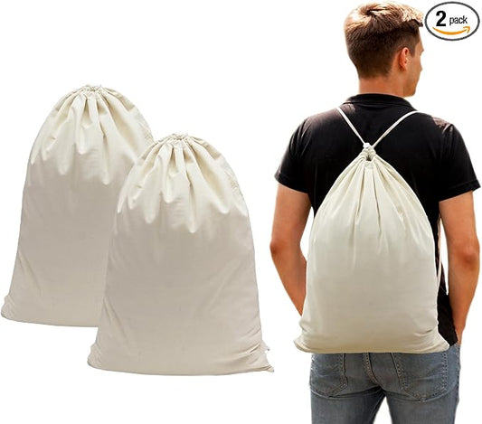 COTTON CRAFT Large Laundry Bag Backpack - 2 Pack Washable Utility Bag | Heavy Duty Durable Canvas Drawstring Closure Laundry Bag - Dorm Hamper Travel Laundry Organizer Sack - 18x24 inches - Natural