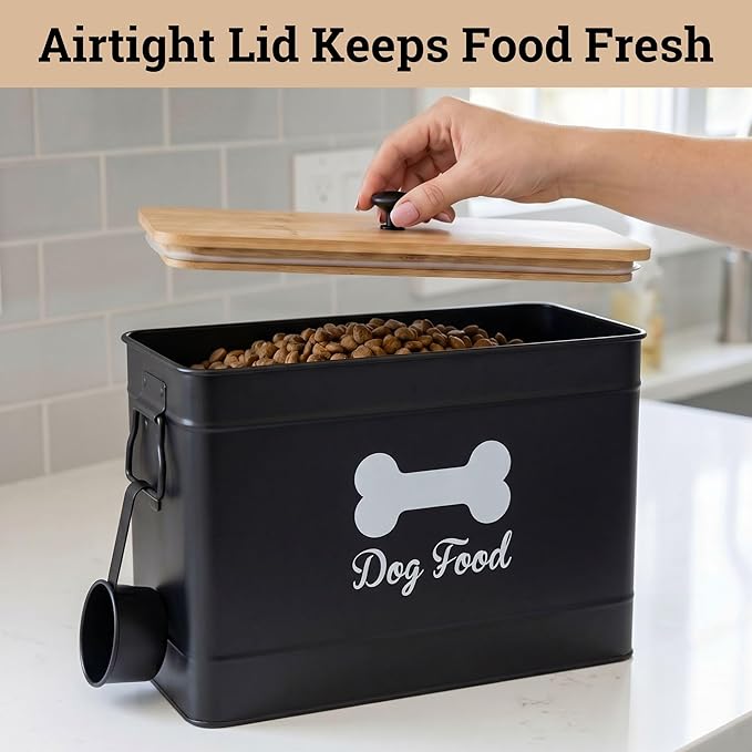 Dog Food Container Airtight Bamboo Lid 15-20 lb Sturdy Metal Handle 70 Cups | Pet Jar For Dogs up to 100lbs, Airtight Bamboo Lid, Sturdy Comfortable Metal Handle, Powder Coated Iron, Kibble Storage Bin