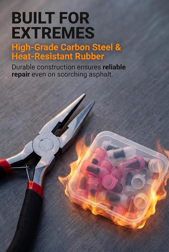 Tire Repair Rubber Nail Kit with Ratcheting Screwdriver, Needle-Nose Pliers & Organizer Case, Fast Self-Service Tool for Car, Truck, Motorcycle, Tractor Tire Puncture Repair