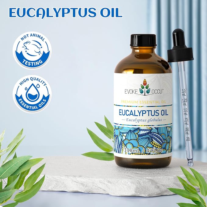 EVOKE OCCU Eucalyptus Essential Oil for Diffuser, Aromatherapy & Shower | Essential Oil with Glass Dropper for Humidifier, Clear Breath, Spray, Soap and Candle Making -118ml / 4 fl oz
