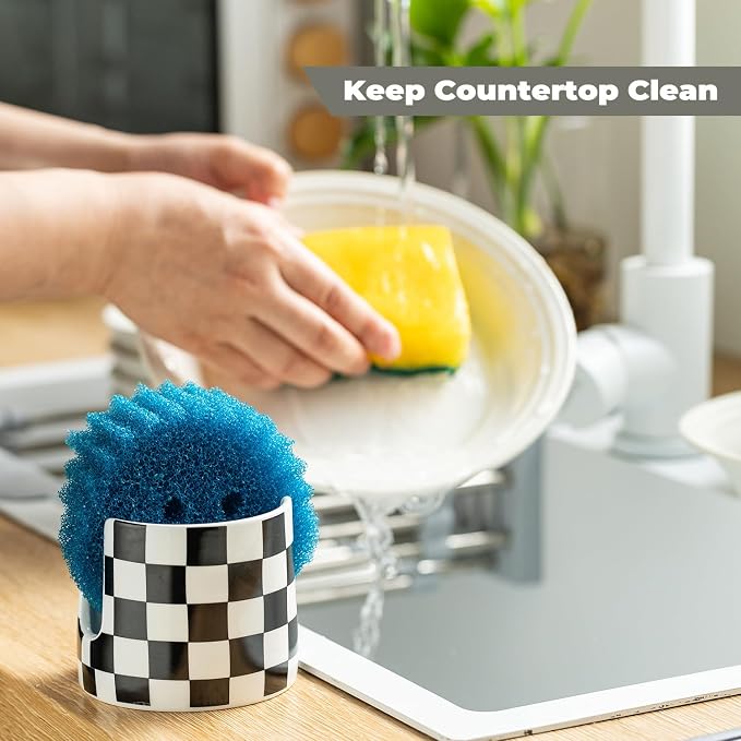 Zoeeker Checkered Kitchen Sink Sponge Holder, Dish Sponge Rack Ceramic Brush Holder Farmhouse Kitchen Drying Rack for Brush, Scrubbers, Bathroom, Sink, Black and White