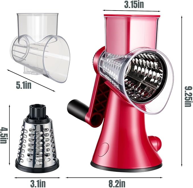 KYZ Rotary Cheese Grater - 12X Faster Hand Crank Vegetable Slicer with 3 Premium Stainless Steel Blades, Strong Suction Base, Dishwasher Safe Food Shredder for Cheese, Vegetables, Nuts, Chocolate