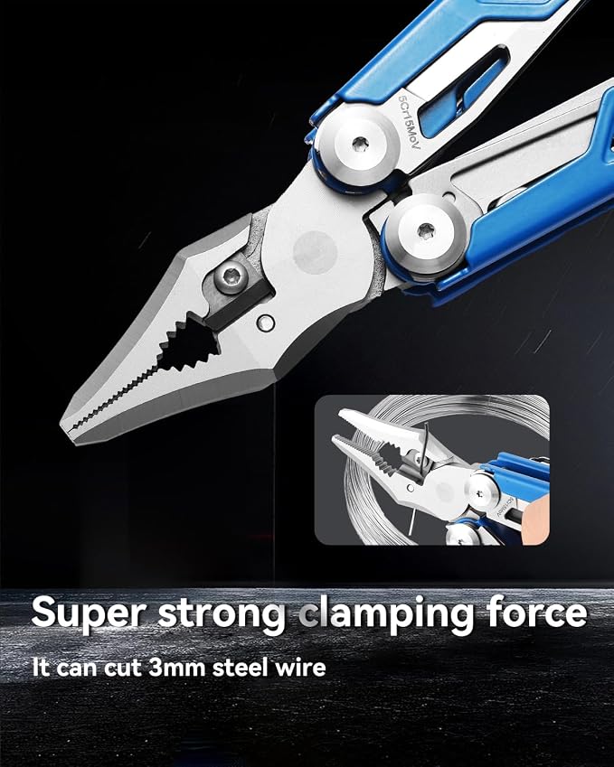 Pocket 15-in-1 Multi tool Pliers with Safety-Lock and Sheath (Blue) | EDC Pocket Knife,3mm Wire Cutter, Saw,Bottle Opener, Screwdriver, Must-have for Survival and Out-door, Gifts for Men