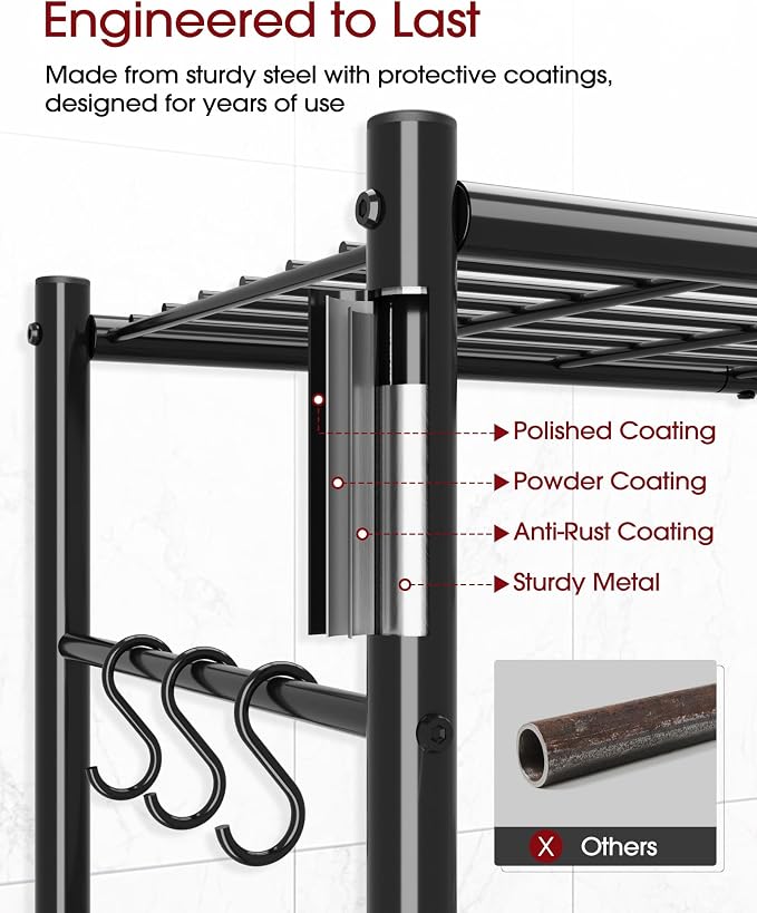 Sakugi Storage Shelves - 4-Tier Spacious Shelf Organizer with Hooks & Leveling Feet, Easy to Assemble, Rust-Resistant Garage Shelving for Kitchen, Pantry, Bedroom, 33.2" x 12.7" x 57.3", Black