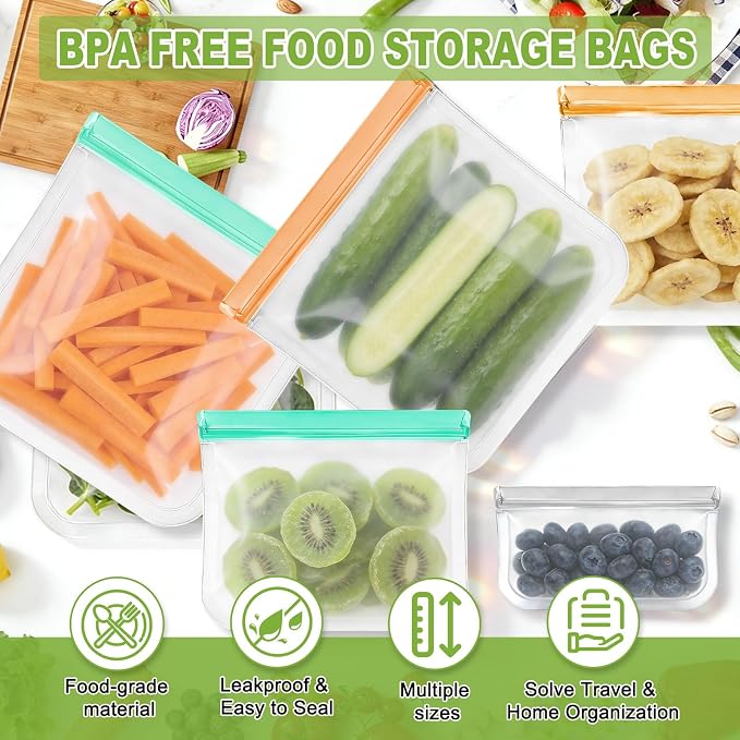 24 Pack Silicone Bags for Food Storage,Reusable Silicone Food Storage Bags,Freezer, Microwave & Dishwasher Safe,Reusable Freezer Food Bags, Leakproof-8 Gallon 8 Snack 8 Sandwich Bags,Blue