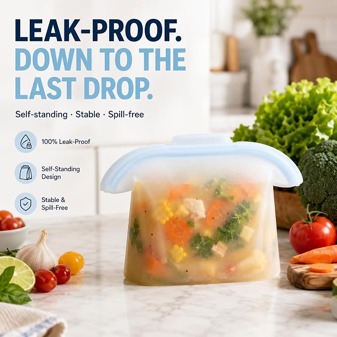 Silicone Food Storage Bags, Reusable, High-Temperature Resistant, Leak-Proof Upright Freezer Bags, Microwave and Dishwasher Safe，Cool blue