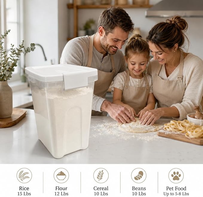 Tight-Lock Rice Container 10-15 Lbs - Airtight Flour Container with Scoop - Food-Grade Plastic Food Storage Container for Cereal, Sugar - Dry Food Dispenser for Kitchen, Pantry Organizers and Storage