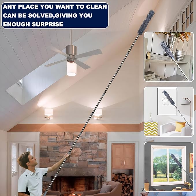 20+ Feet High Reach Duster Kit with 3-14 ft Extension Pole for Cleaning Fan, Spider Web, High Ceiling, Blinds, Furniture, Cars - Cobweb Microfiber Duster // Outdoor & Indoor Extendable Duster