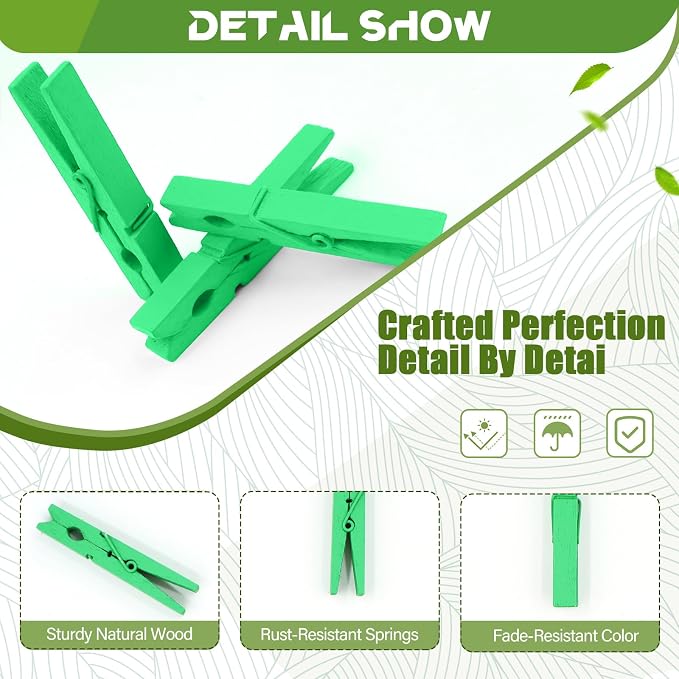 100 Pcs Green Clothes pins - 2.9 Inch Wooden Clothespins Cheer Clips | Vibrant for Crafts Classroom Decorations Clothing Pictures Laundry Solid Wood No Splinters Fade‑Proof