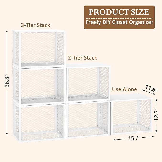 3 Pack Stackable Closet Organizers and Storage Basket, Closet Shelves with Wood Top Extra Storage, Multifunctional Clothes Organizer Bins/Cube Storage Drawer for Wardrobe Kitchen Laundry Room, White