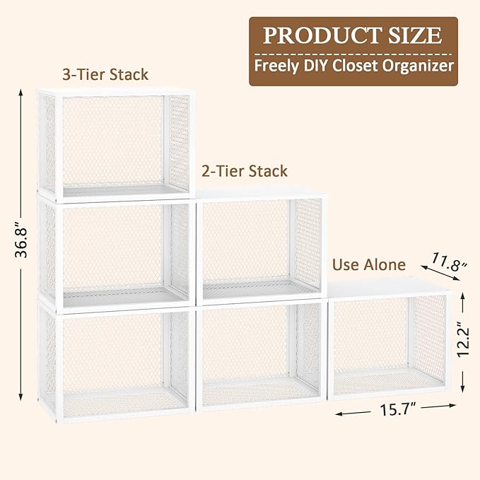 2 Pack Stackable Closet Organizers and Storage Basket, Closet Shelves with Wood Top Extra Storage, Multifunctional Clothes Organizer Bins/Cube Storage Drawer for Wardrobe Kitchen Laundry Room, White