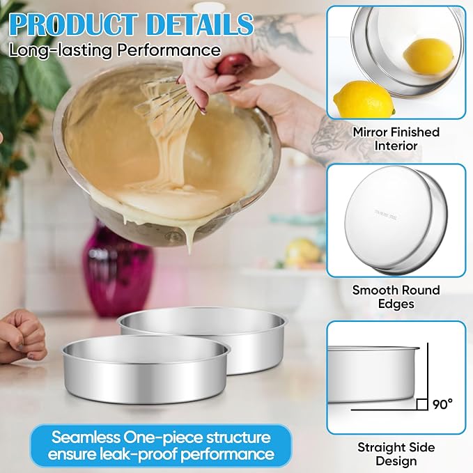TeamFar 7 Inch Cake Pan, Stainless Steel Round Layer Cake Baking Pan Tin for Birthday Wedding, Non-Toxic & Heavy-Duty, Mirror Finish & Leak Proof, Oven & Dishwasher Safe