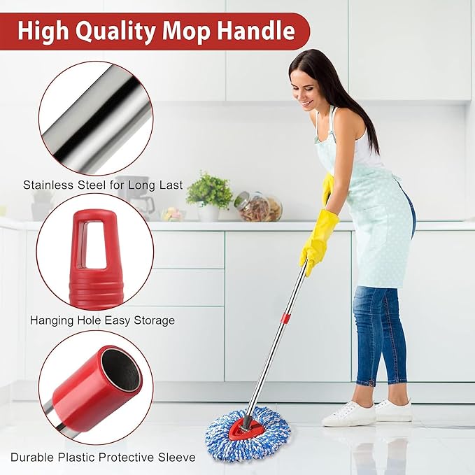 Spin Mop Set Compatible with O Cedar Rinse Clean 2-Tank System, Include 2 Blue Mop Heads Replacements, 1 Base, 1 Mop Handle (30-58in) Combo, Microfiber Spin Mop Replacement Head Replacement