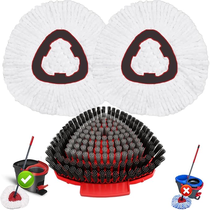Fatmass Spin Mop Head Replacement for O Cedar EasyWring 1-Tank System, 2 Mop Replace Heads + 1 Upgrade Scrubber Brush, 100% Microfiber Mop Refills Deep Cleaning Machine Washable
