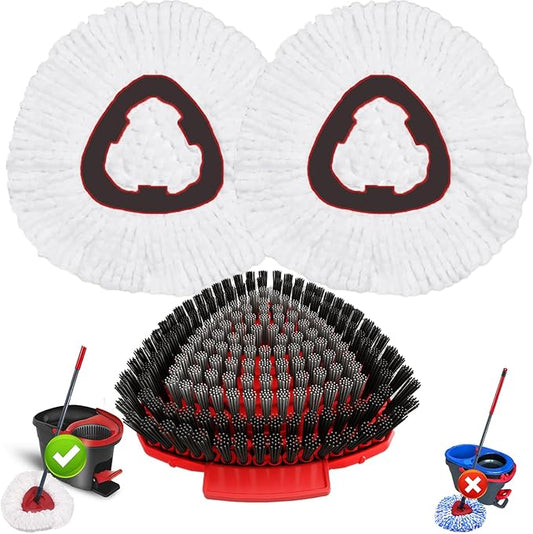 Fatmass Spin Mop Head Replacement for O Cedar EasyWring 1-Tank System, 2 Mop Replace Heads + 1 Upgrade Scrubber Brush, 100% Microfiber Mop Refills Deep Cleaning Machine Washable
