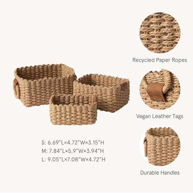 LA JOLIE MUSE Small Wicker Baskets, 3 Pack Paper Rope Storage, Desert | Decorative Small Baskets, Faux Leather Tag, Round Handle, Organizer for Shelves Bedroom Kitchen Office
