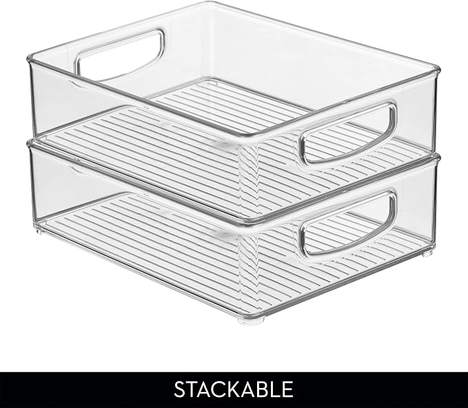 iDesign Plastic Stackable Pantry Bin, Set of 2, Clear | Organizer Bin with Handles, For Cabinets or Fridge