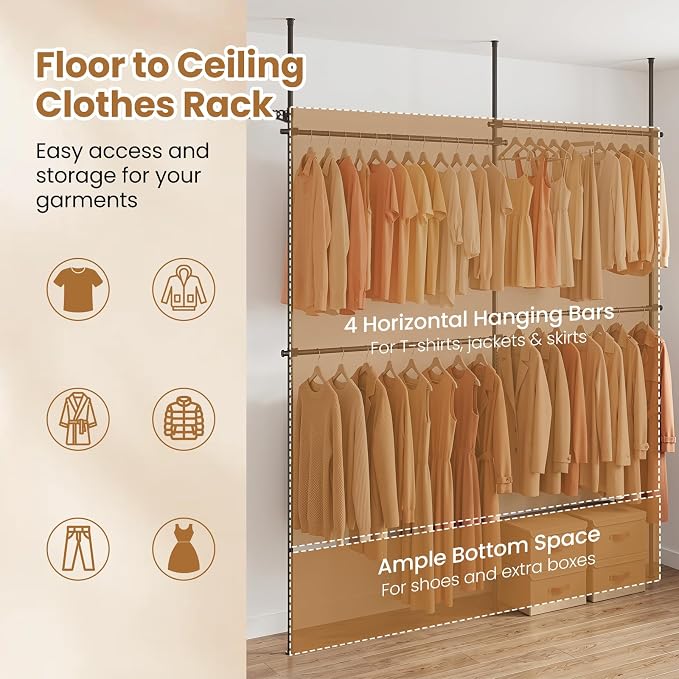 Giantex Floor to Ceiling Clothes Rack, Heavy Duty DIY Garment Rack 4 Rods | Tension Pole Closet System w/ Folding Drying Rack, Reacher Pole, Metal Garment Organizer for Bedroom, Laundry Room, Closet