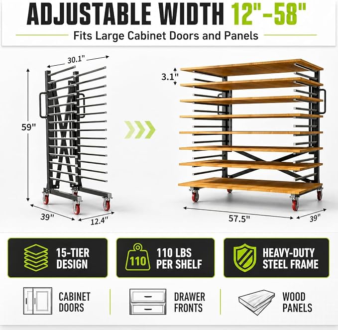 Paint Drying Rack,15-Tier Heavy-Duty Steel Drying Painting Rack | for Cabinet Doors, Adjustable Width 12 to 58 Inch,110 lbs Per Shelf,Black Drying Rack with Lockable Wheels for Paint Shops