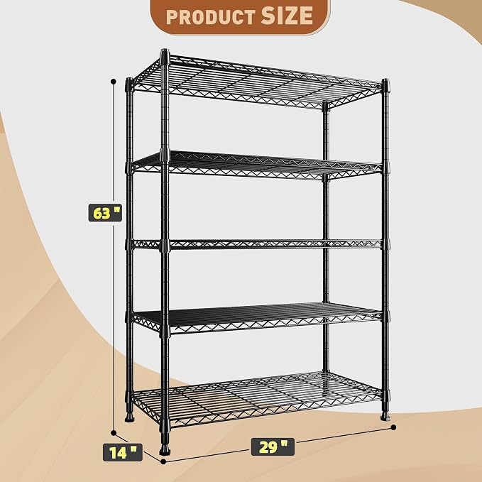 REIBII 5-Tier Wire Shelving Storage Shelves Metal Shelves,1020 LBS Adjustable Heavy Duty Metal Shelving Units and Storage for Garage Pantry Kitchen Bathroom 29" W X 14" D X 63" H