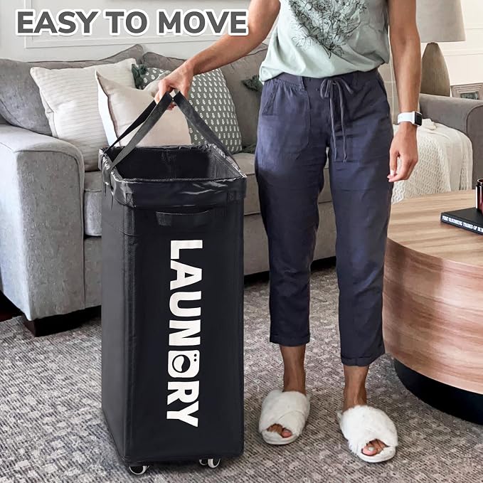 CHICVITA 75L Laundry Basket with Wheels 2-Pack, Wash Bags, Black | Tall collapsible laundry basket set for corner spaces and college dorms. Removable wash bags included