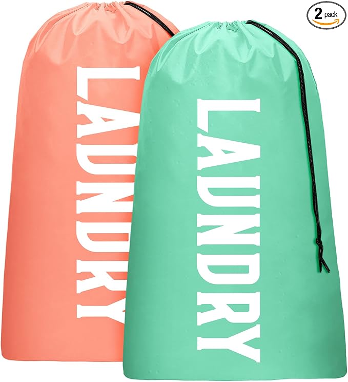 2 Pack XL Travel Laundry Bag, Machine Washable Dirty Clothes Organizer, Large Enough to Hold 4 Loads of Laundry, Easy Fit a Laundry Hamper or Basket (Light Pink + Light Blue)