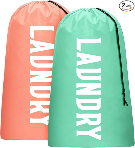2 Pack XL Travel Laundry Bag, Machine Washable Dirty Clothes Organizer, Large Enough to Hold 4 Loads of Laundry, Easy Fit a Laundry Hamper or Basket (Light Pink + Light Blue)