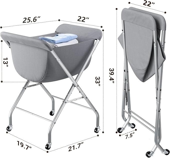 ELYKEN Laundry Basket with Wheels, Collapsible Laundry Hamper, Gray | Removable Liner Bag, Foldable Design, 118L Capacity, Sturdy Metal Frame, 4 Casters, Laundry Cart for Bedroom, Laundry Room