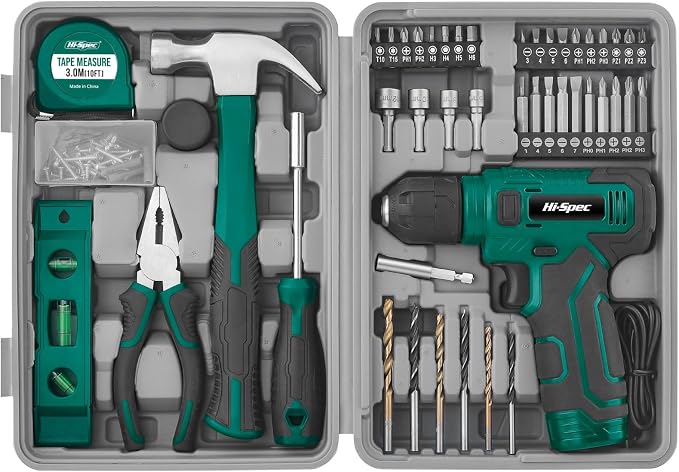 Hi-Spec 8V Cordless Drill and Tool Kit with Essential Hand Tools, Green | Power USB Rechargeable, Home Improvement, faster holes and screwdriving, portable, light-duty project, home setup help
