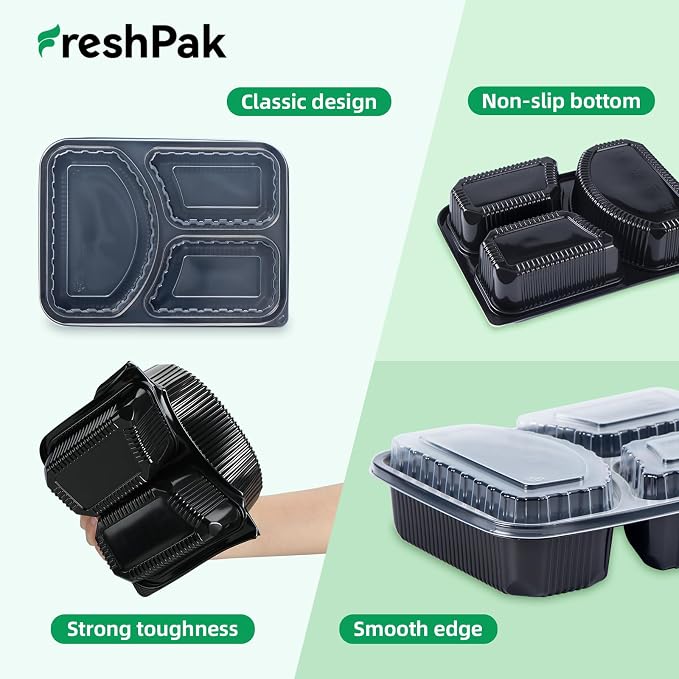 40 Pack 38oz Meal Prep Containers - Shrink Wrap Ready To Use | Reusable Leakproof 3 Compartment To Go Boxes | BPA-Free, Microwave & Freezer Safe | Portion Control Takeout Food Storage