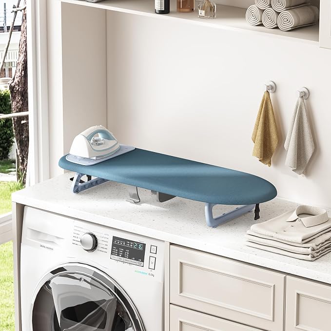 KINGBOARD Small Ironing Board with Iron Holder,Space Saving 12x32 Blue | Tabletop Ironing Board with Heat Resistant Cover, Foldable Mini Iron Board with Non-Slip Feet, Easy Storage for Travel & Dorm