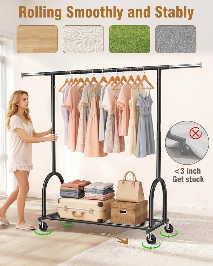 EAGMAK Heavy Duty Clothes Rack for Hanging Clothes Load 424 LBS, Height Adjustable Rolling Clothing Racks, Portable Metal Coat Rack Garment Wardrobe with Wheels and Shelves for Bedroom Laundry, Black