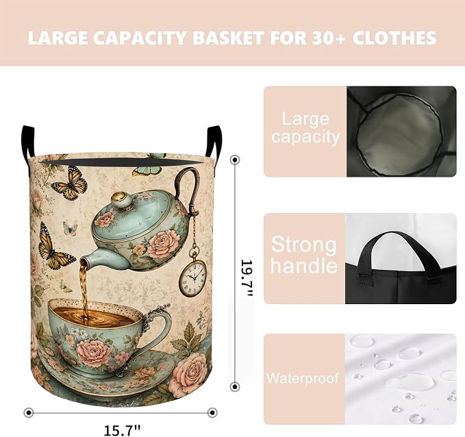 Vintage Floral Tea Laundry Basket Hamper 19.7"x15.8", Organizer Bins Gifts for Kids Boys Girls, Butterfly Teacup Foldable Waterproof Oxford Clothes Storage Bucket for Bedroom Bathroom Decor