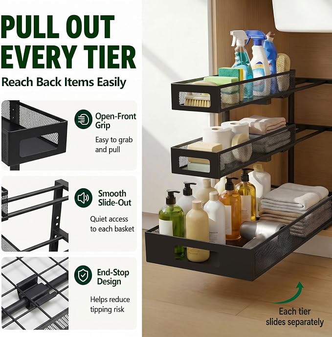 3 Tier Under Sink Organizer,2 Pack Pull Out Cabinet Shelves with Adjustable Height,Heavy Duty Carbon Steel L-Shaped Storage for Kitchen Bathroom Sink,Pantry & Laundry,Black