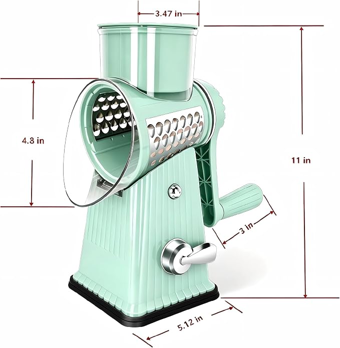 Rotary Cheese Grater with 5 Well-designed Blades & Strong Suction Base, Kitchen Mandoline Vegetable Slicer with Blade Storage Box (Aqua)