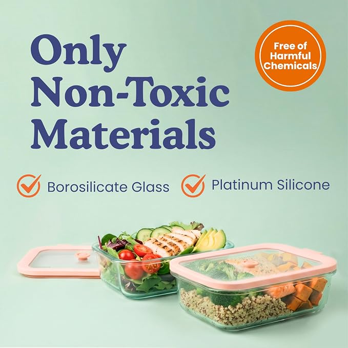 Non-Toxic Glass Food Containers with Lids, 4-Pack, 35 oz, Airtight, Beige | Plastic & BPA free. Glass body, glass lid & platinum silicone seal. Airtight & leakproof. Freezer & microwave safe.