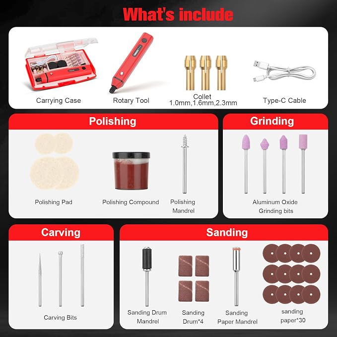 Mini Cordless Rotary Tool, Multi-Purpose Power Rotary Tool Kit (Red) | 67 Accessories, Variable Speed， USB-C Charger, for Engraving, Sanding, Polishing, Grinding, DIY Crafts