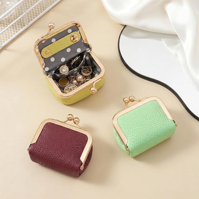 Genuine Leather Mini Jewelry Box Portable Vintage-Inspired Leather Small Coin Purse Jewelry Organizer Case Mini Travel Ring Box with Kiss Lock for Women Earring Ring Necklace
