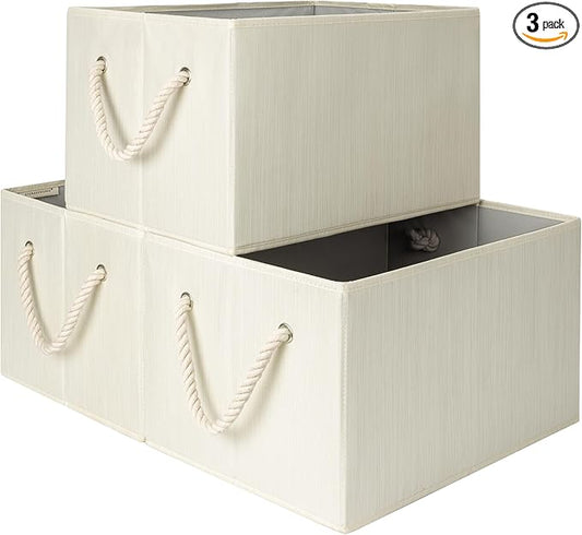 StorageWorks Collapsible Storage Bins, Closet Organizer Bins for Clothes, Fabric Shelf Baskets and Storage, Beige, White & Ivory, 3-Pack, Extra Large