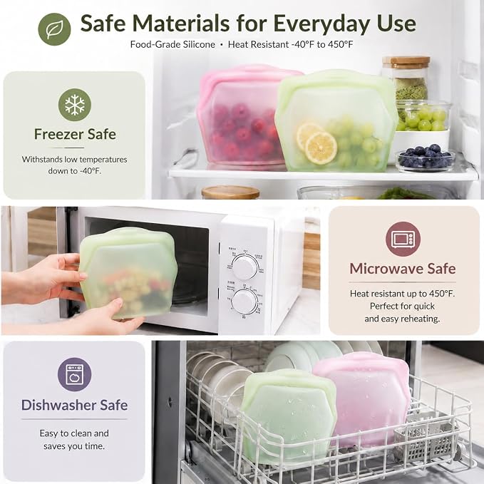 2 Pack Reusable Silicone Food Storage Bags,1000ml Stand-Up Freezer Bags | Leak Proof, Upright Freezer Bags, Odor-Proof, High-Temperature Resistant